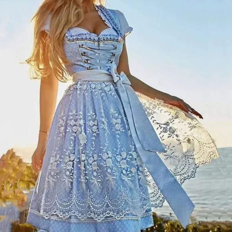 Annika | Damen Oktoberfest Dirndl Spitzen-Midi-Kleid mit Schnürung