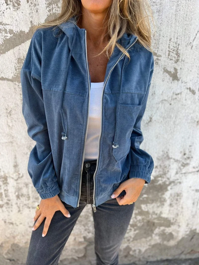 Johanna | Damen Cord Kapuzenjacke mit Reißverschluss Oversized Freizeitjacke