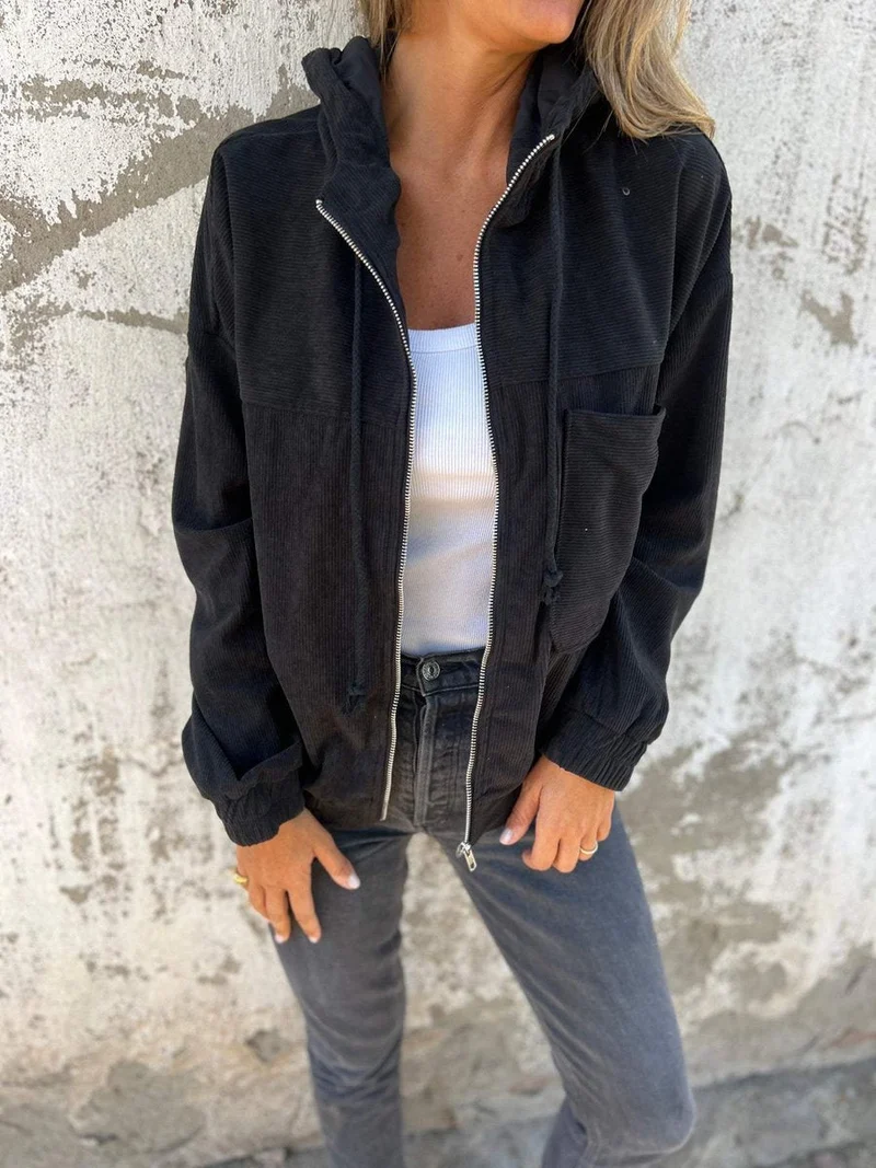 Johanna | Damen Cord Kapuzenjacke mit Reißverschluss Oversized Freizeitjacke