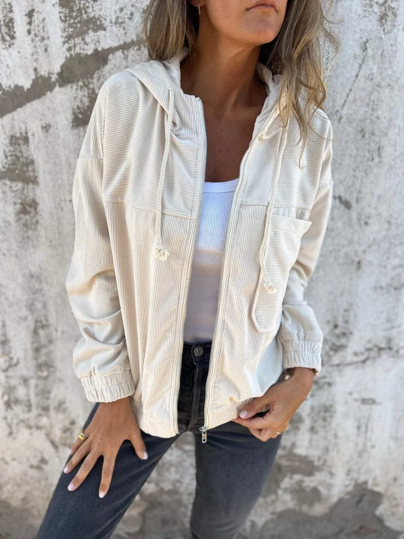 Johanna | Damen Cord Kapuzenjacke mit Reißverschluss Oversized Freizeitjacke