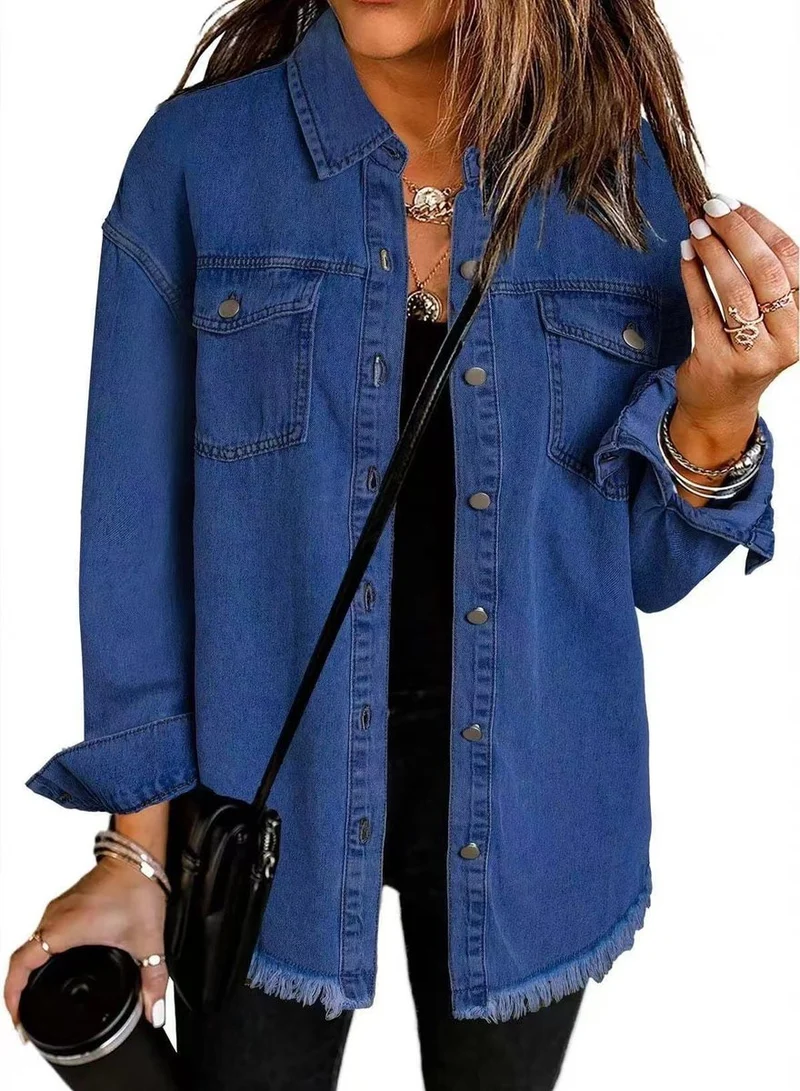 Elfriede | Damen Oversized Jeansjacke Langarm mit Knopfleiste Fransen-Saum