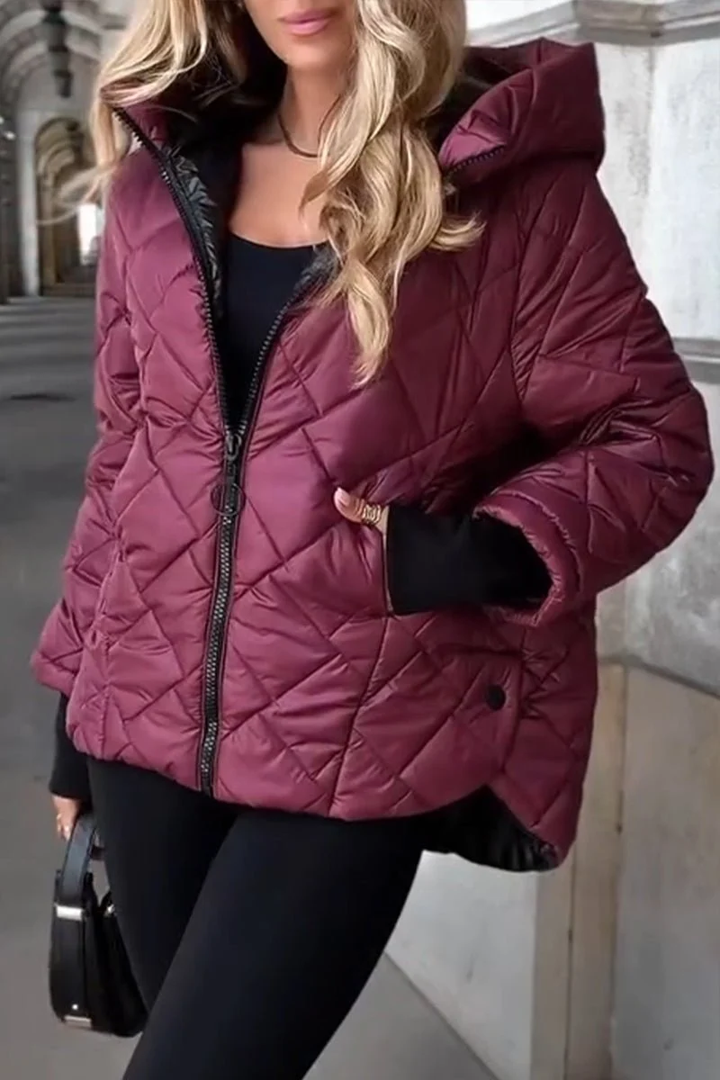 Hannah | Damen Steppjacke mit Kapuze Reißverschluss Oversized Winterjacke