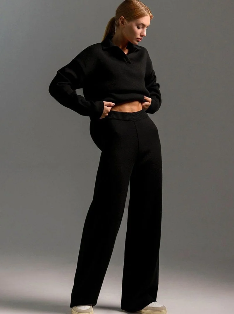 Elisabeth | Damen Polopullover und Weitbein-Hosen-Set Locker Geschnitten Zweiteilig