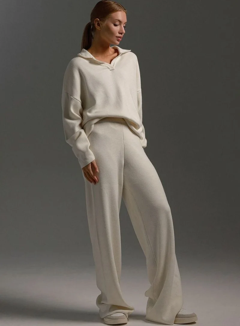 Elisabeth | Damen Polopullover und Weitbein-Hosen-Set Locker Geschnitten Zweiteilig