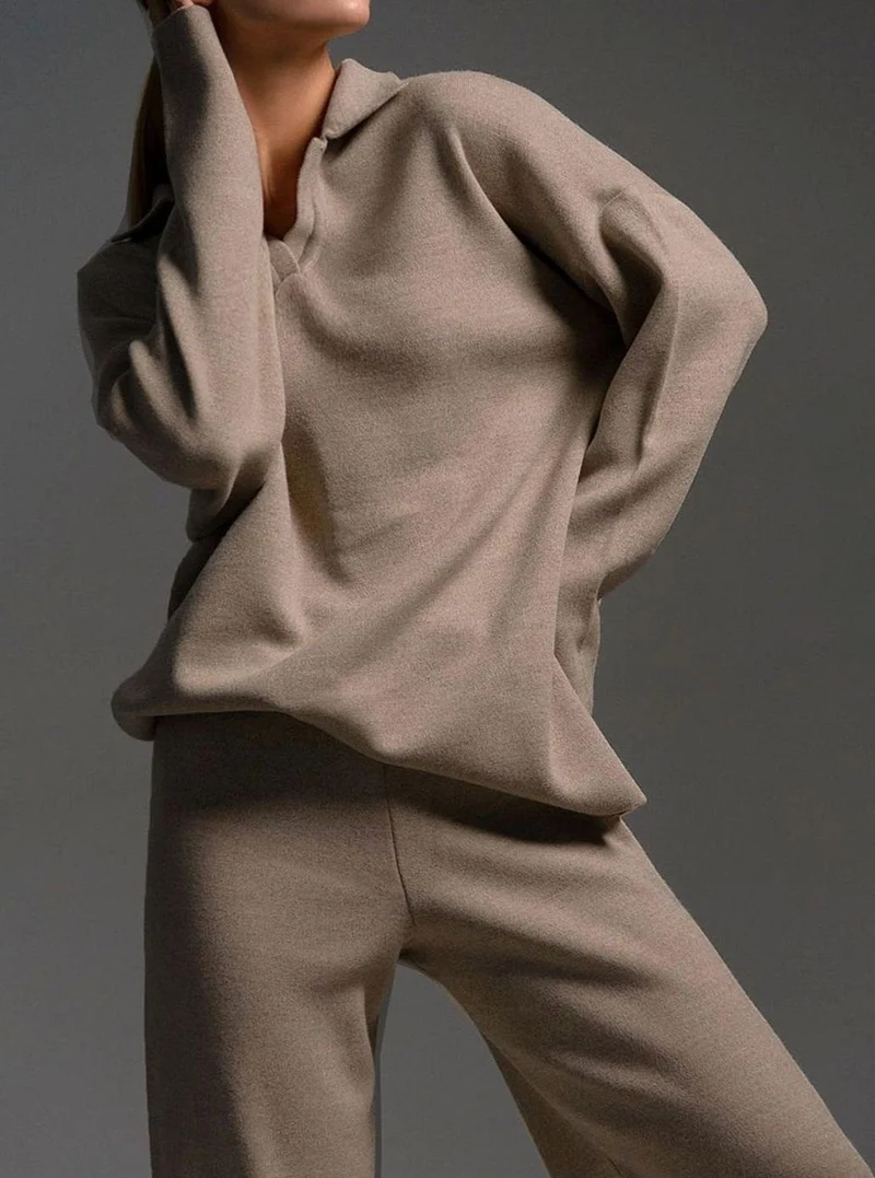 Elisabeth | Damen Polopullover und Weitbein-Hosen-Set Locker Geschnitten Zweiteilig
