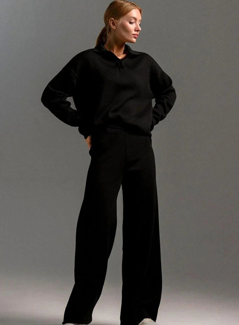Elisabeth | Damen Polopullover und Weitbein-Hosen-Set Locker Geschnitten Zweiteilig