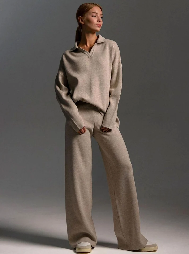Elisabeth | Damen Polopullover und Weitbein-Hosen-Set Locker Geschnitten Zweiteilig