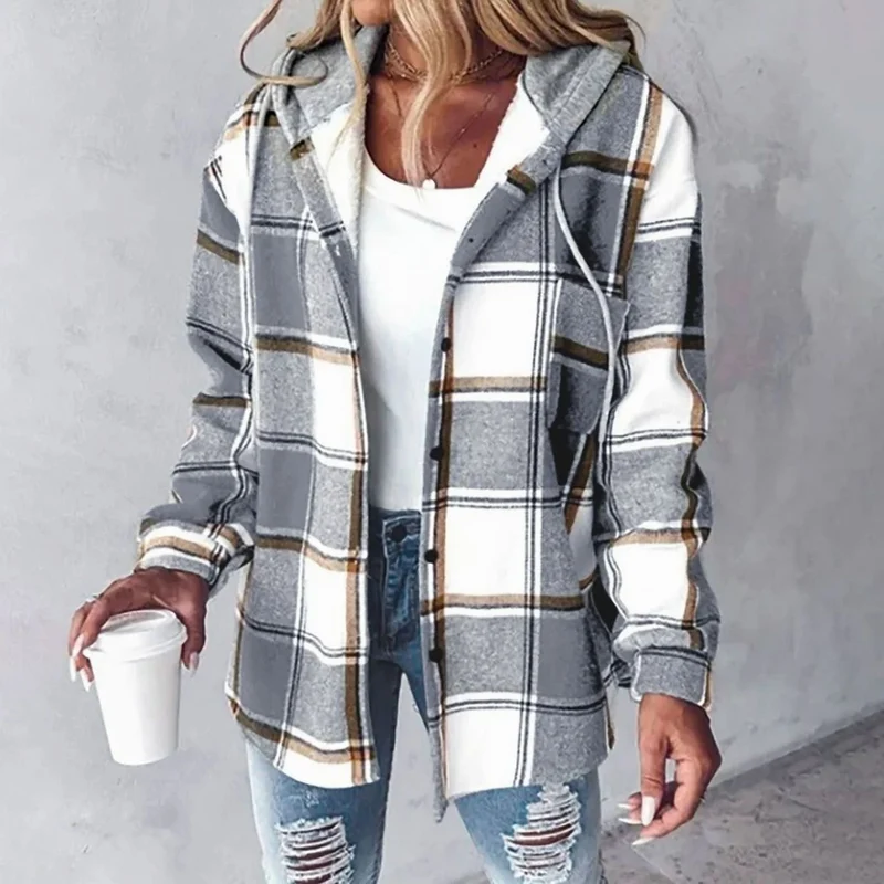 Johanna | Damen Karo Hoodie Jacke mit Kapuze Lockere Passform Winterjacke