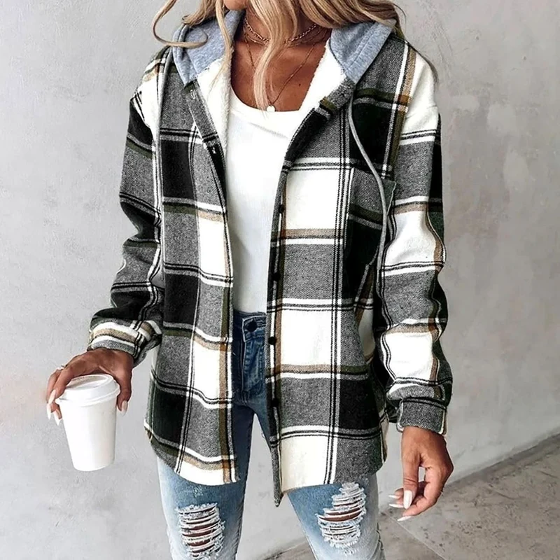 Johanna | Damen Karo Hoodie Jacke mit Kapuze Lockere Passform Winterjacke