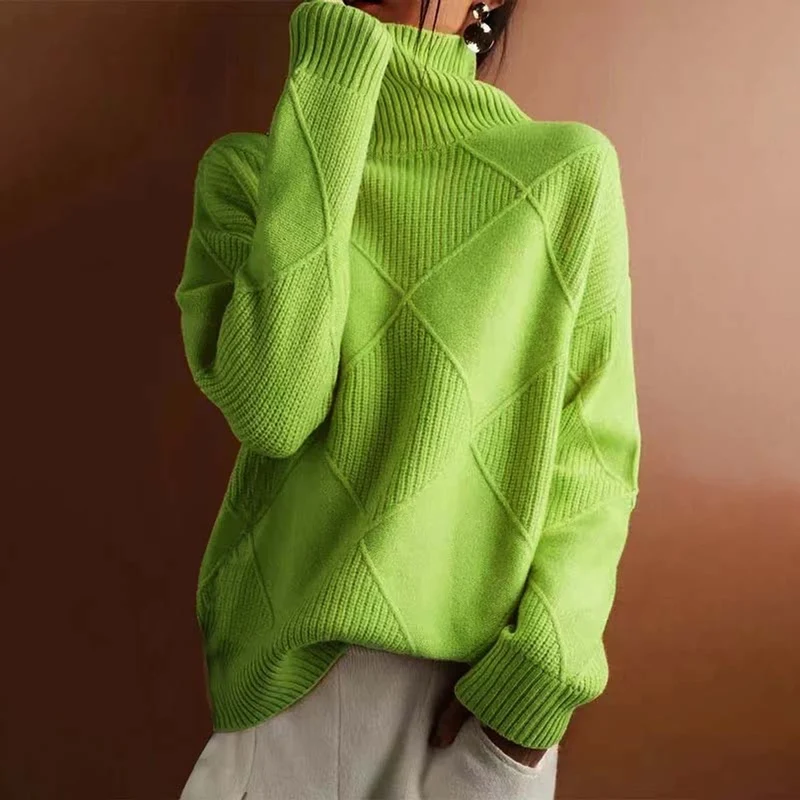 Lena | Damen Turtleneck Sweater Oversized Strickpullover mit Rautenmuster
