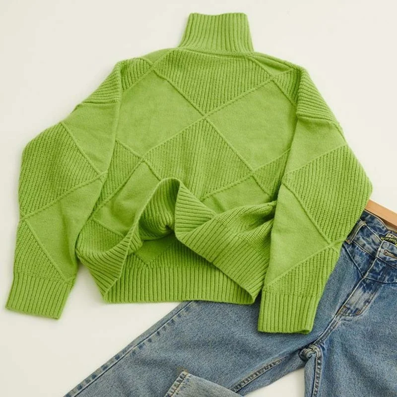 Lena | Damen Turtleneck Sweater Oversized Strickpullover mit Rautenmuster