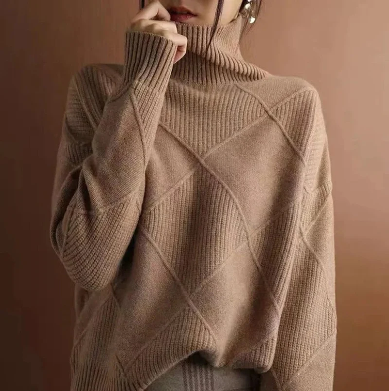 Lena | Damen Turtleneck Sweater Oversized Strickpullover mit Rautenmuster