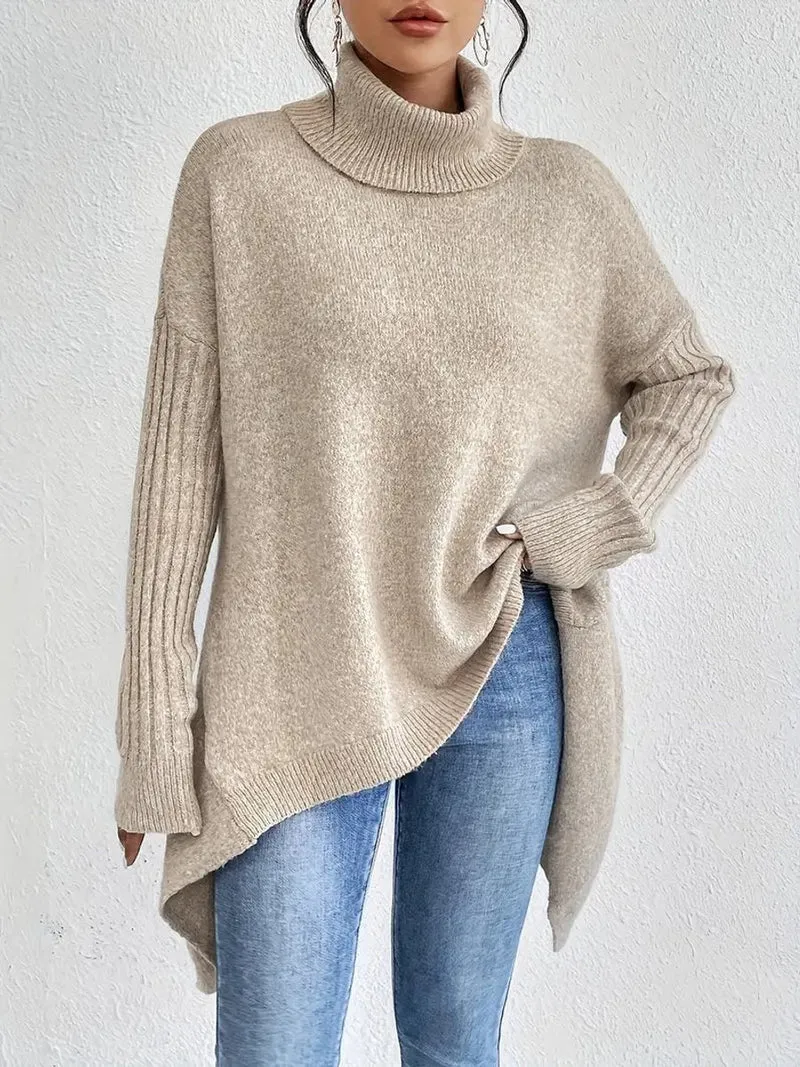 Annika | Damen Oversized Turtleneck Sweater Langer Rollkragenpullover Gerippte Bündchen