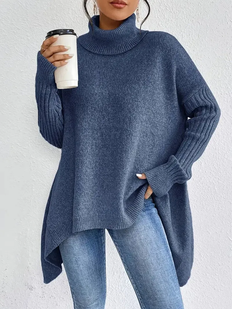 Annika | Damen Oversized Turtleneck Sweater Langer Rollkragenpullover Gerippte Bündchen