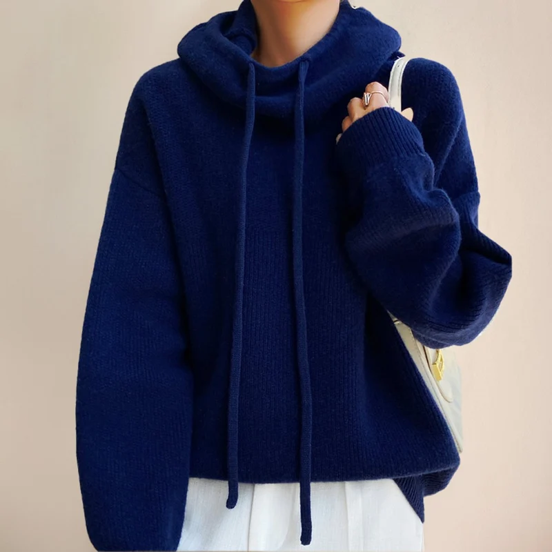 Luisa | Damen Oversized Turtleneck Sweater Kapuze Merinowolle