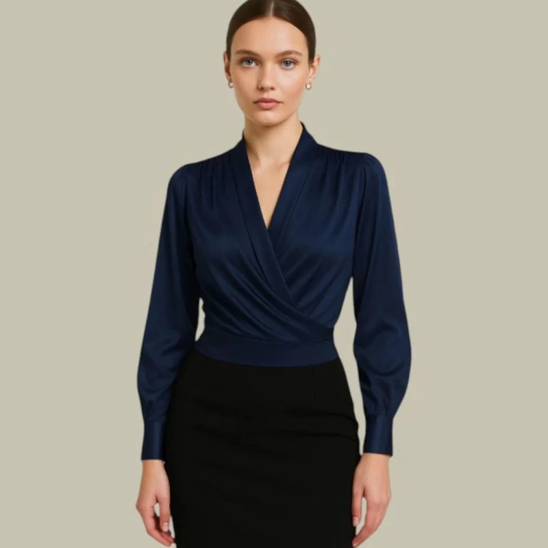 Amelie | Elegante Satin-Wickelbluse für Damen mit V-Ausschnitt langarm