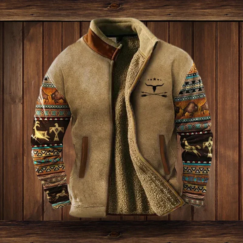 Maximilian | Herren Mens Cardigan Fleece Reißverschluss Western Azteken Strickjacke