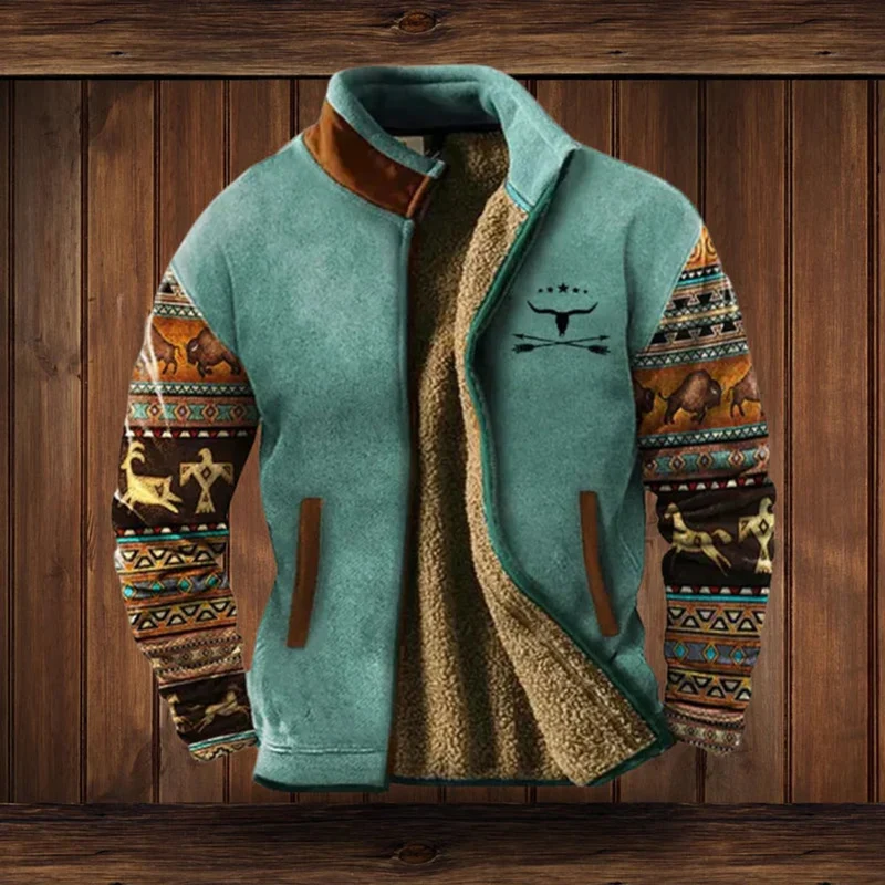 Maximilian | Herren Mens Cardigan Fleece Reißverschluss Western Azteken Strickjacke