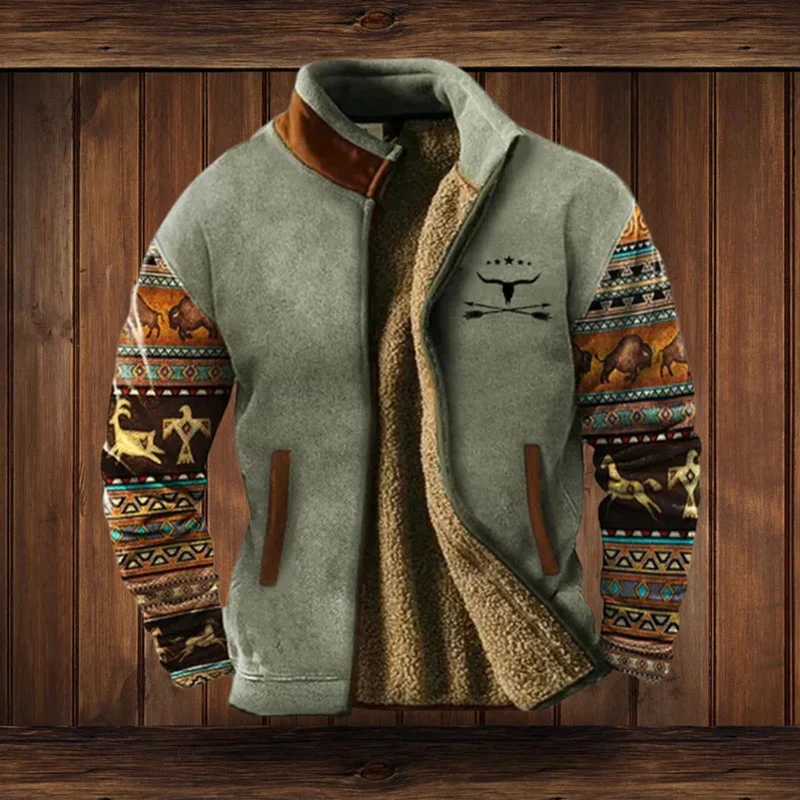 Maximilian | Herren Mens Cardigan Fleece Reißverschluss Western Azteken Strickjacke