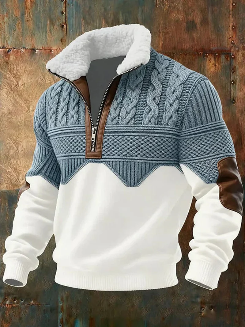 Stefan | Herren Strickpullover Halb-Reißverschluss Fleecekragen Colorblock