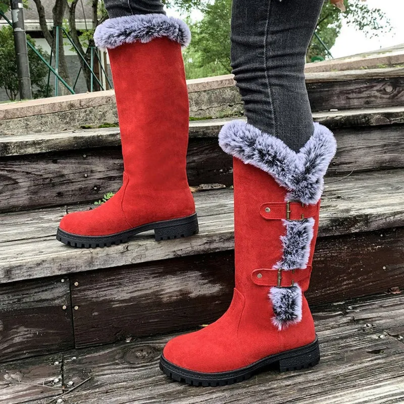 Frieda | Damen Kniehohe Stiefel Plüsch Schnallen Winterstiefel Warm