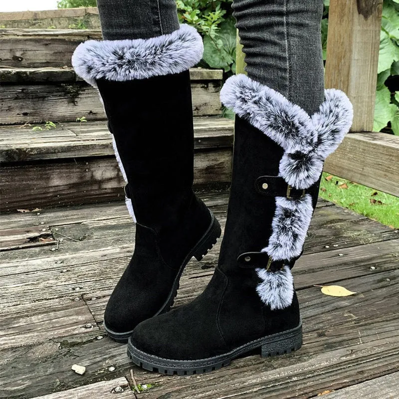 Frieda | Damen Kniehohe Stiefel Plüsch Schnallen Winterstiefel Warm