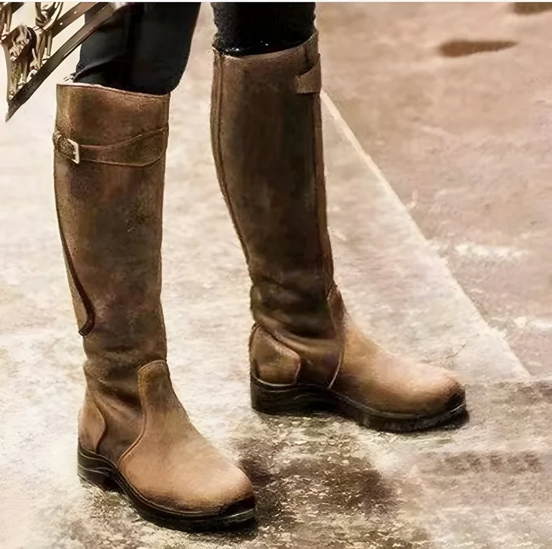 Leonie | Damen Wasserdichte Knee High Boots Kniehoch Lederstiefel Schnalle