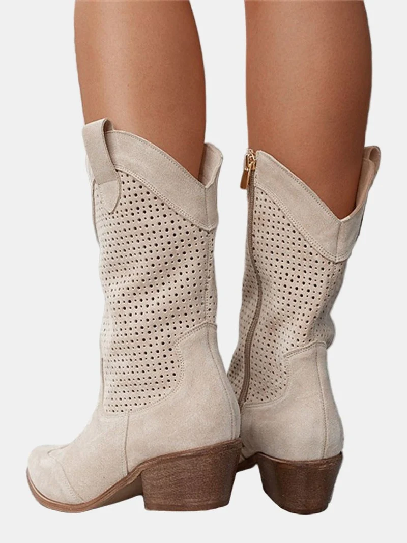 Luisa | Damen Perforierte Kniehohe Stiefel Westernstil Blockabsatz