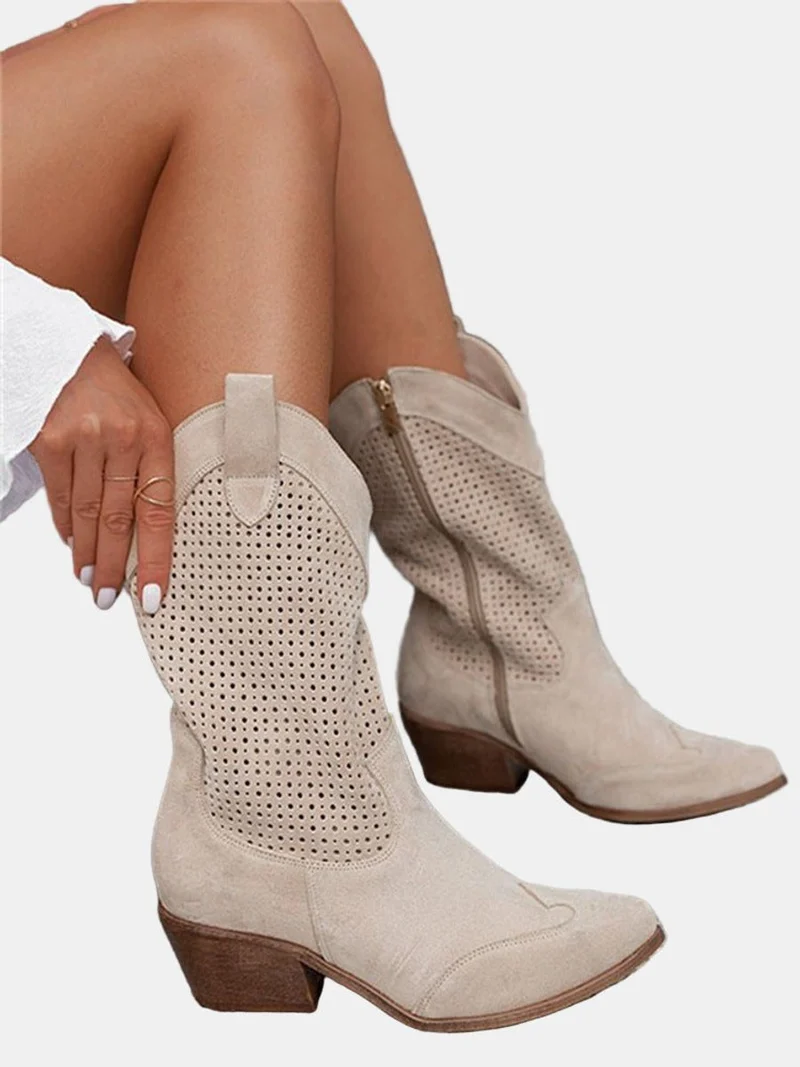 Luisa | Damen Perforierte Kniehohe Stiefel Westernstil Blockabsatz