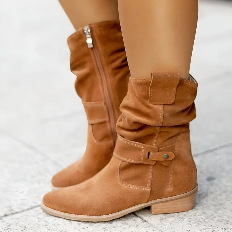 Frieda | Damen Wildlederimitat Knee High Boots Gefältelt Blockabsatz Reißverschluss