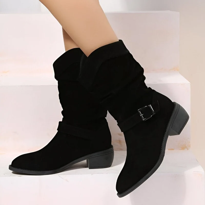 Frieda | Damen Wildlederimitat Knee High Boots Gefältelt Blockabsatz Reißverschluss