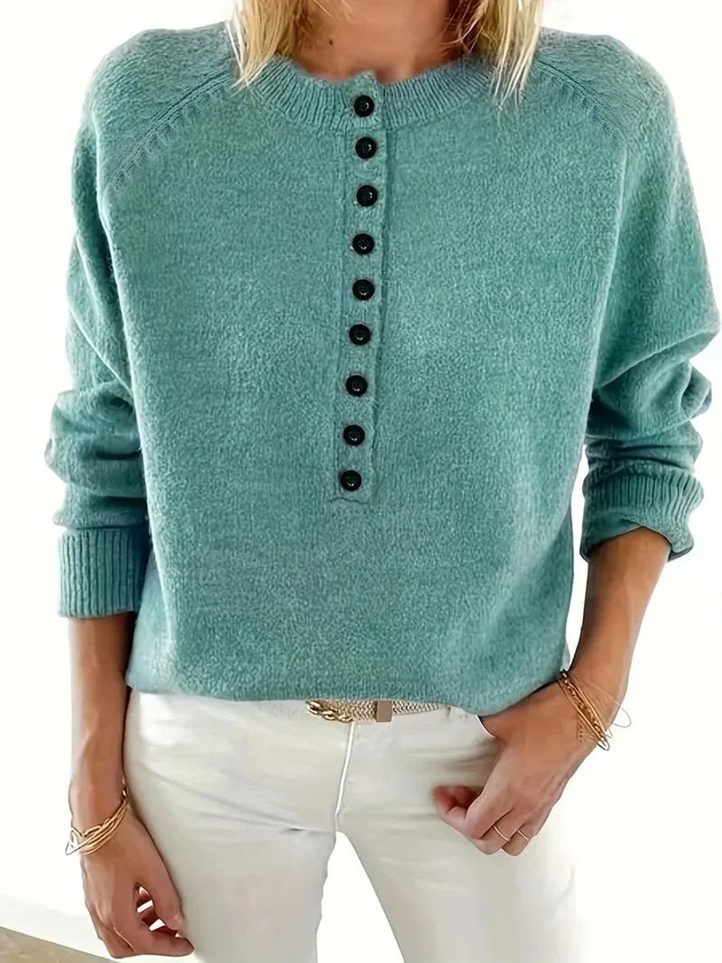 Annika | Damen Strickpullover mit V-Ausschnitt Halbknopfleiste Relaxed Fit