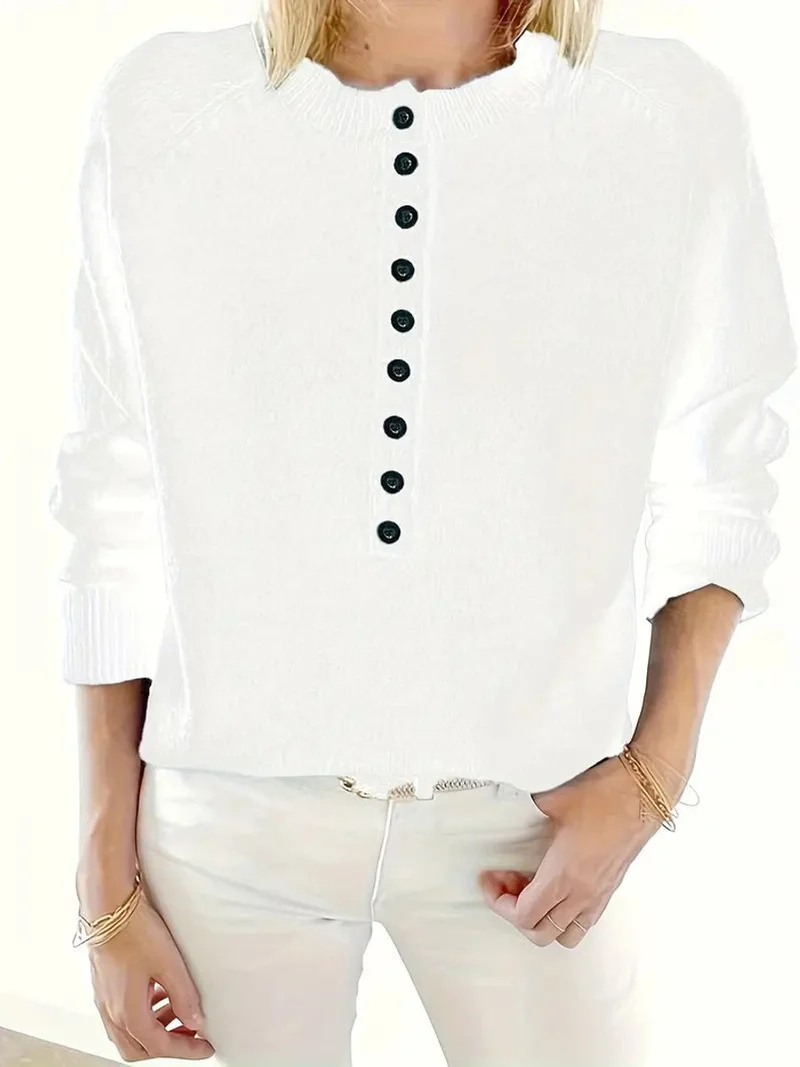 Annika | Damen Strickpullover mit V-Ausschnitt Halbknopfleiste Relaxed Fit