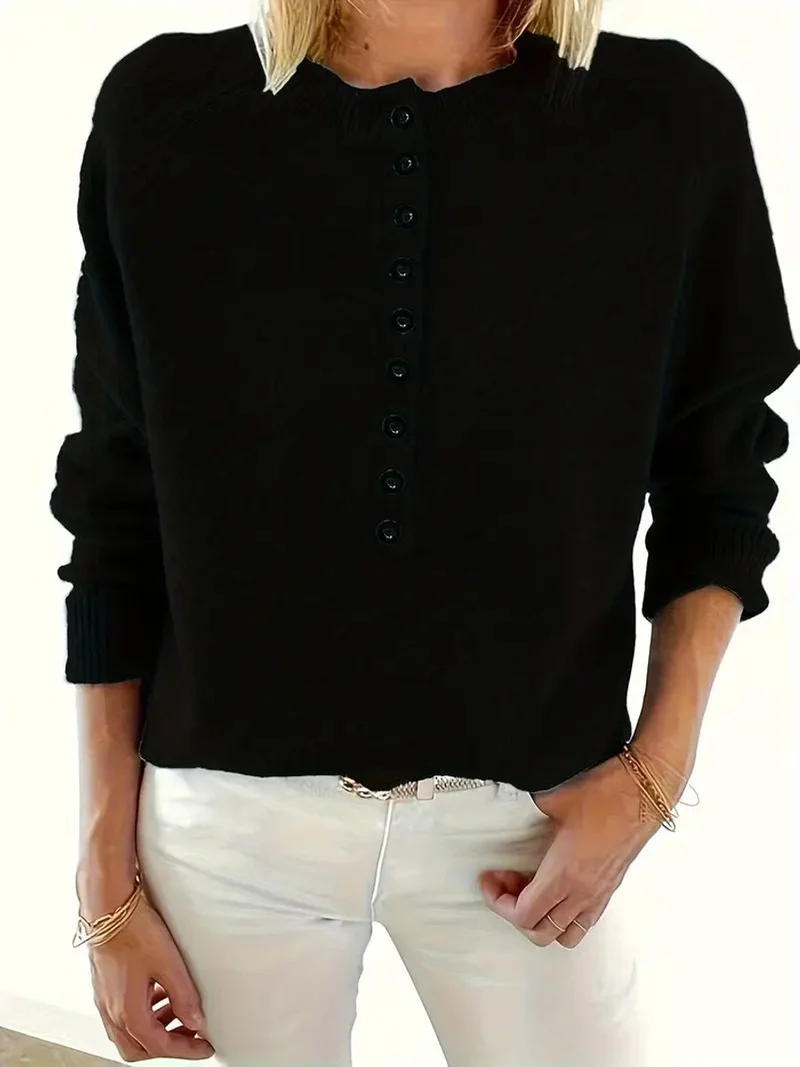 Annika | Damen Strickpullover mit V-Ausschnitt Halbknopfleiste Relaxed Fit
