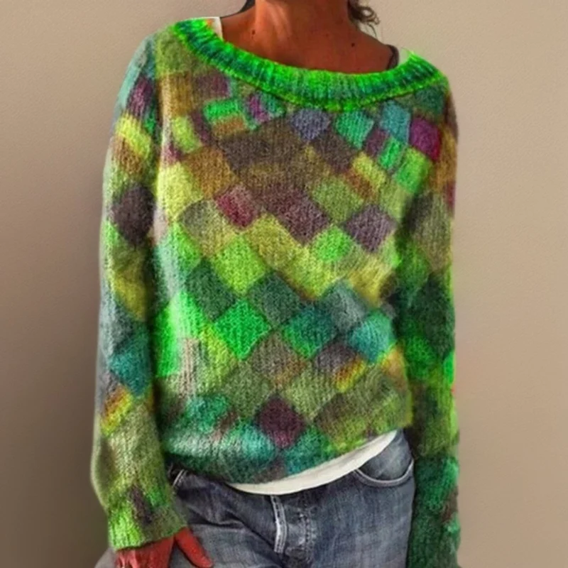 Greta | Damen Oversized Knit Sweater Rautenmuster Bunt Strickpullover