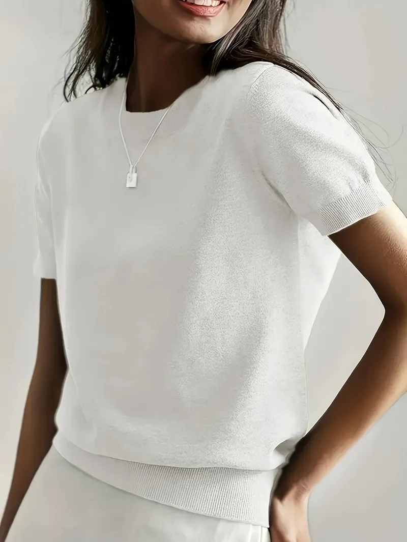 Elisabeth | Damen Kurzarm Knit Sweater Top Rundhals lockere Passform