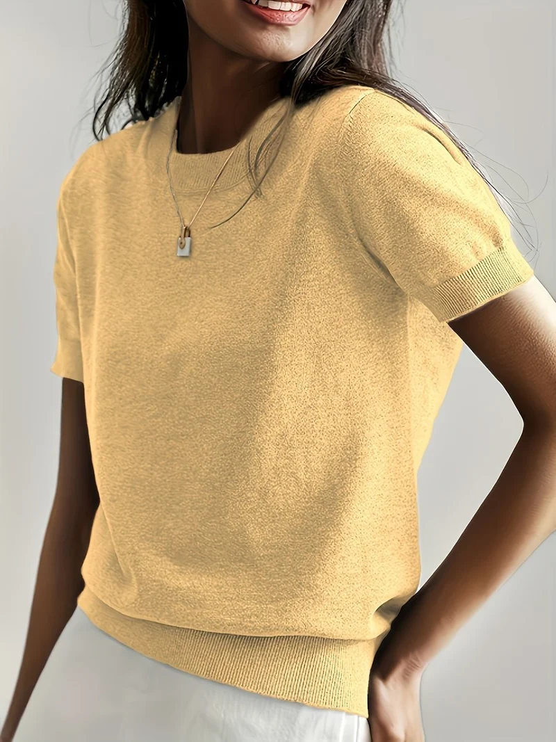 Elisabeth | Damen Kurzarm Knit Sweater Top Rundhals lockere Passform