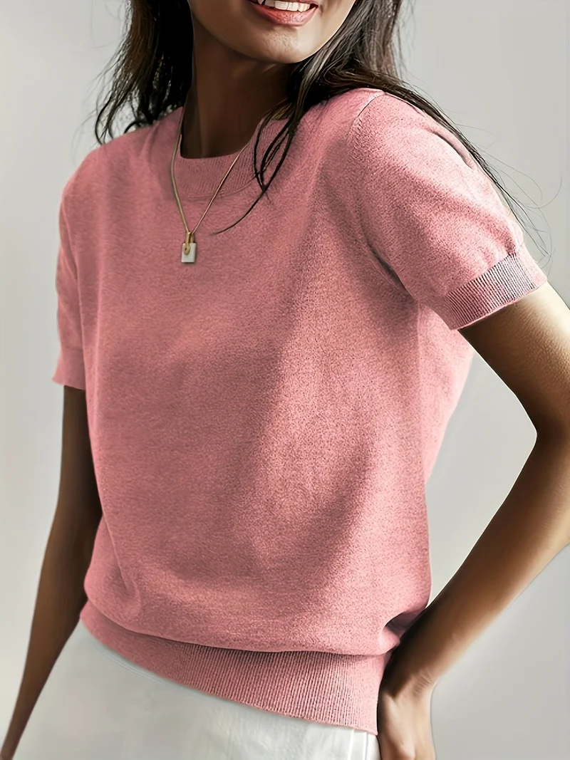 Elisabeth | Damen Kurzarm Knit Sweater Top Rundhals lockere Passform