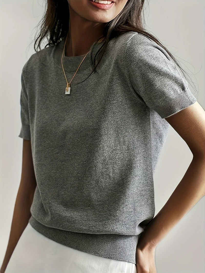 Elisabeth | Damen Kurzarm Knit Sweater Top Rundhals lockere Passform