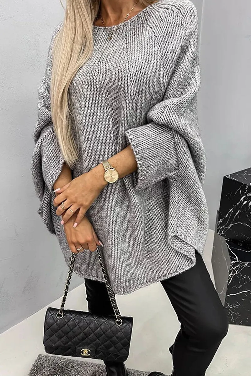 Greta | Damen Oversize Rundhals Knit Sweater mit Fledermausärmeln