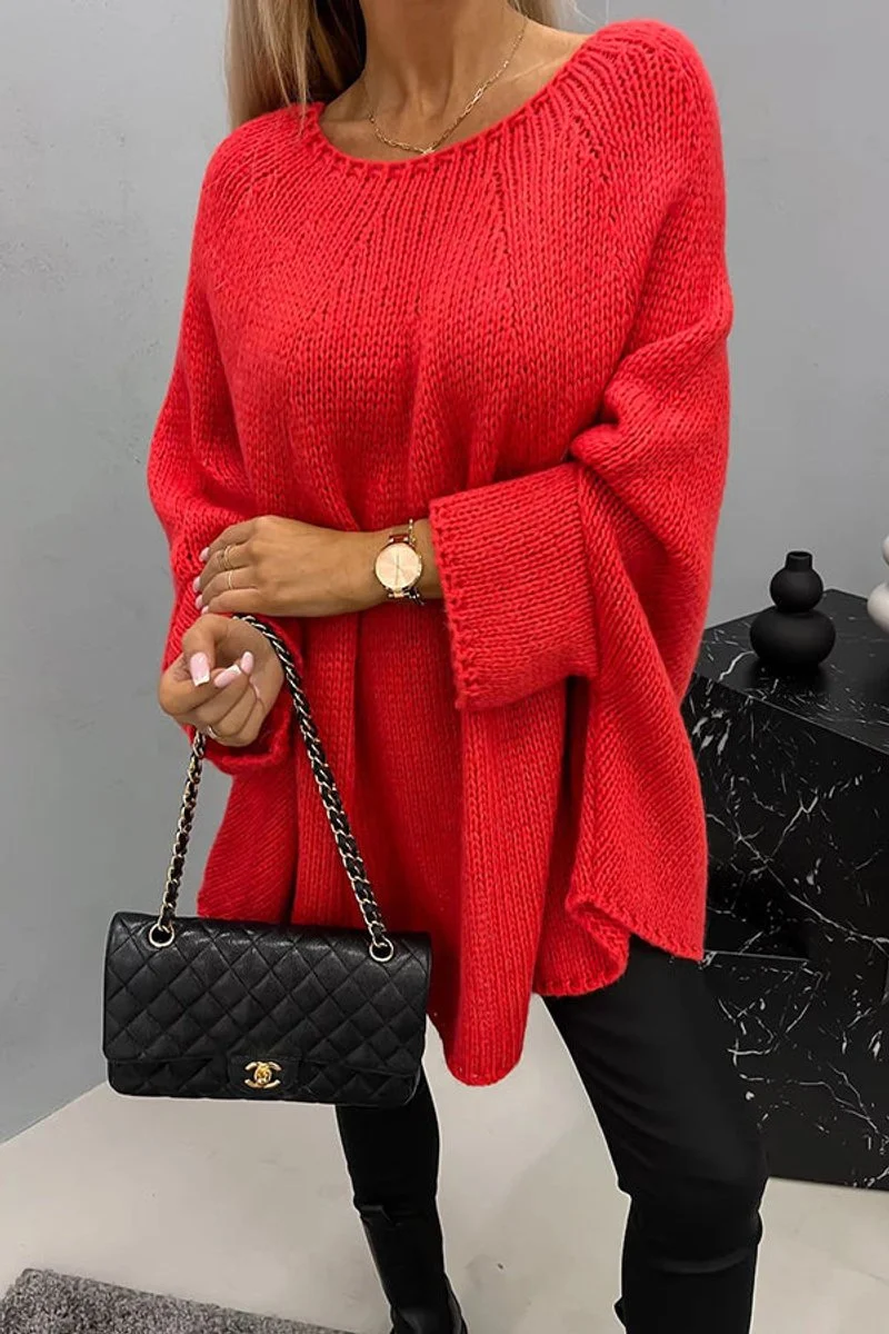 Greta | Damen Oversize Rundhals Knit Sweater mit Fledermausärmeln