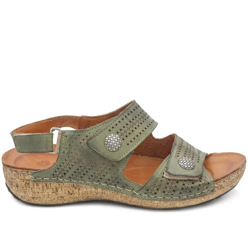 Leather Triple Adjustable Strap Sandals - KARY43005 / 329 410 - Khaki
