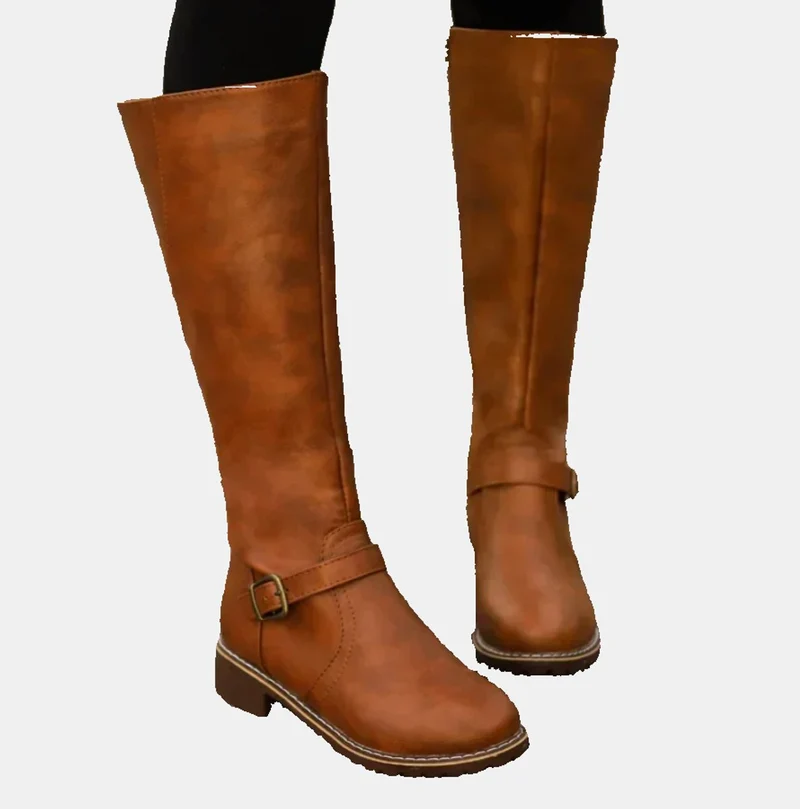 Annika | Damen Kniehohe Stiefel Schnalle Reißverschluss Kunstleder