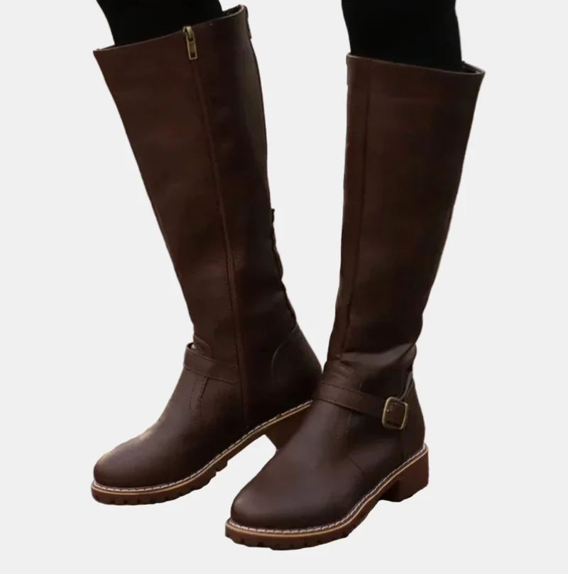 Annika | Damen Kniehohe Stiefel Schnalle Reißverschluss Kunstleder