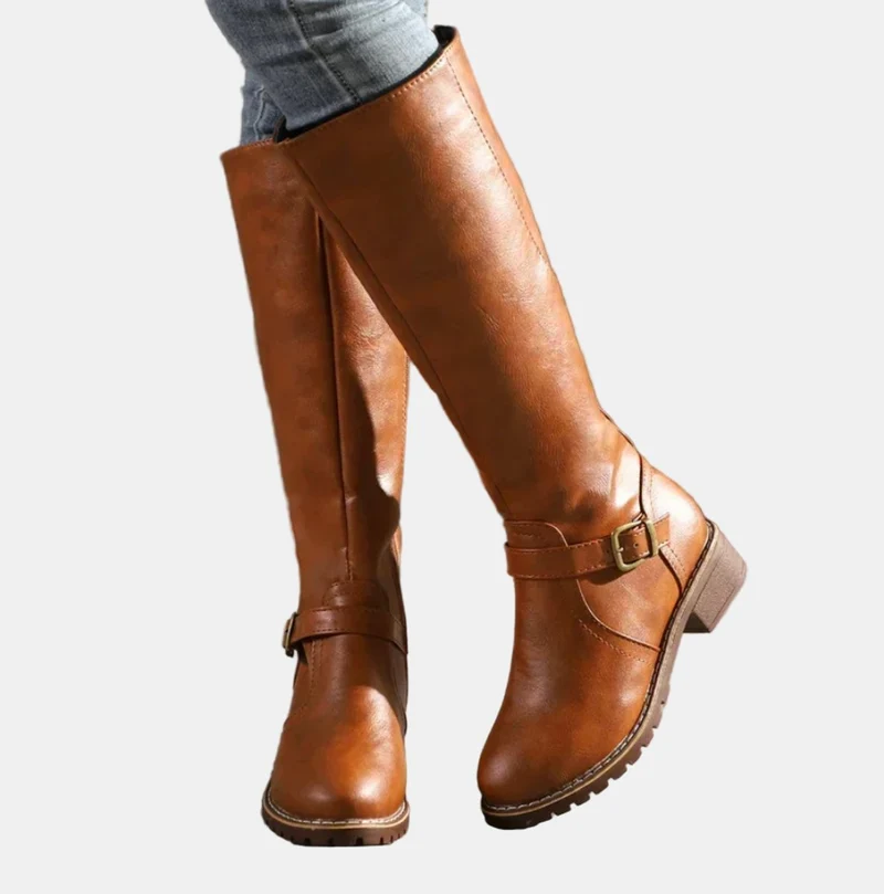 Annika | Damen Kniehohe Stiefel Schnalle Reißverschluss Kunstleder