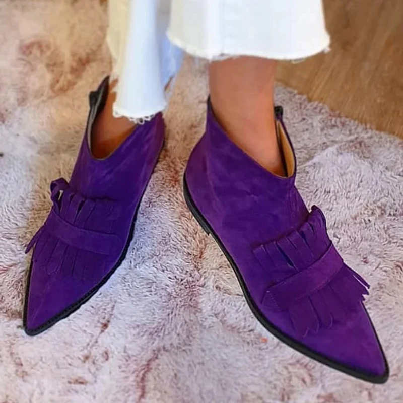 Marie | Damen Spitze Fransen Ankle Boots Lila Velours Mokassin-Stiefeletten