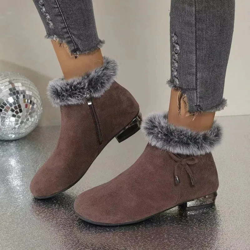 Johanna | Damen Ankle Boots Wildleder-Optik Kunstfell-Stiefeletten Blockabsatz