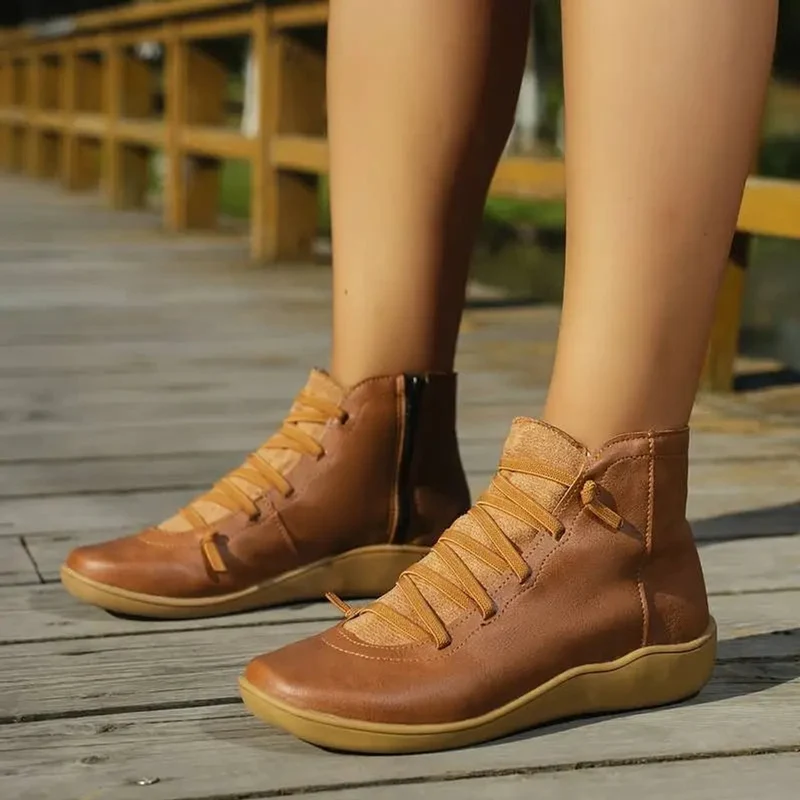 Greta | Damen Ankle Boots Schnürung Reißverschluss flache Sohle Stiefeletten