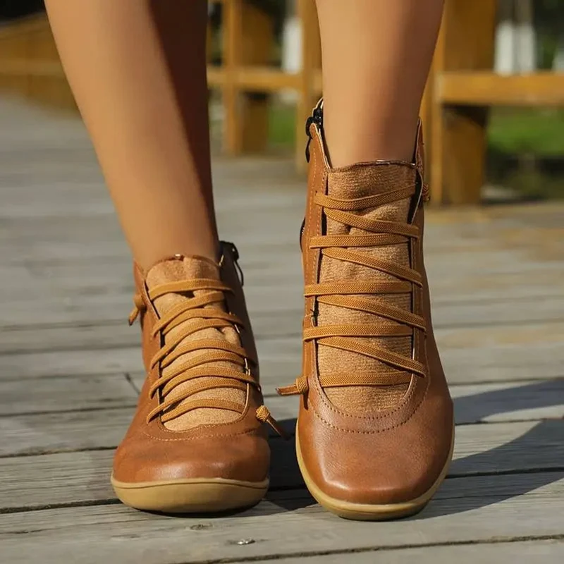 Greta | Damen Ankle Boots Schnürung Reißverschluss flache Sohle Stiefeletten
