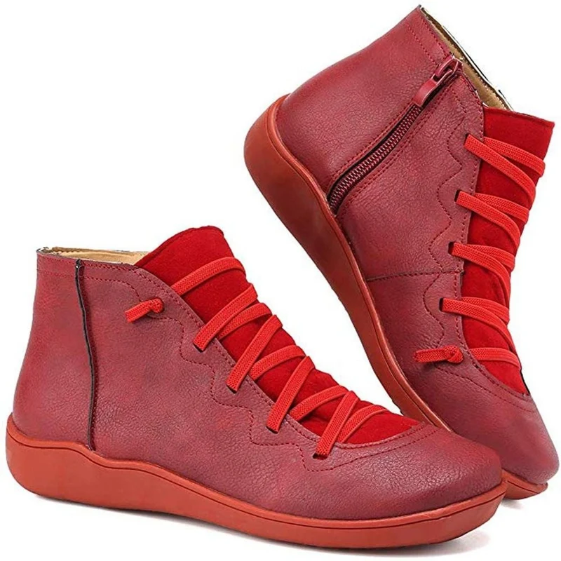 Greta | Damen Ankle Boots Schnürung Reißverschluss flache Sohle Stiefeletten